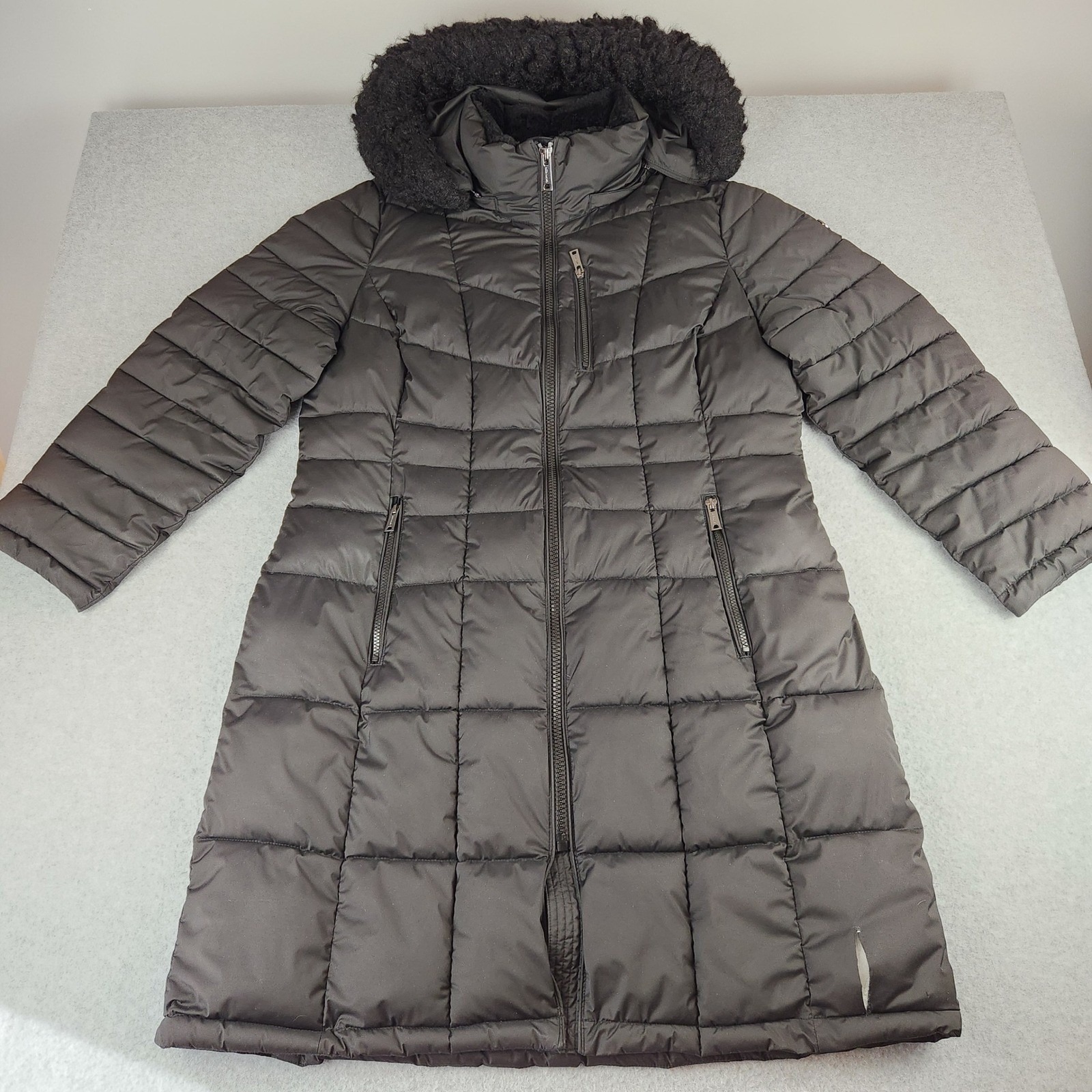 Calvin Klein Infinite Stretch Puffer Coat Womens Xl Black Faux Fur Hood Long